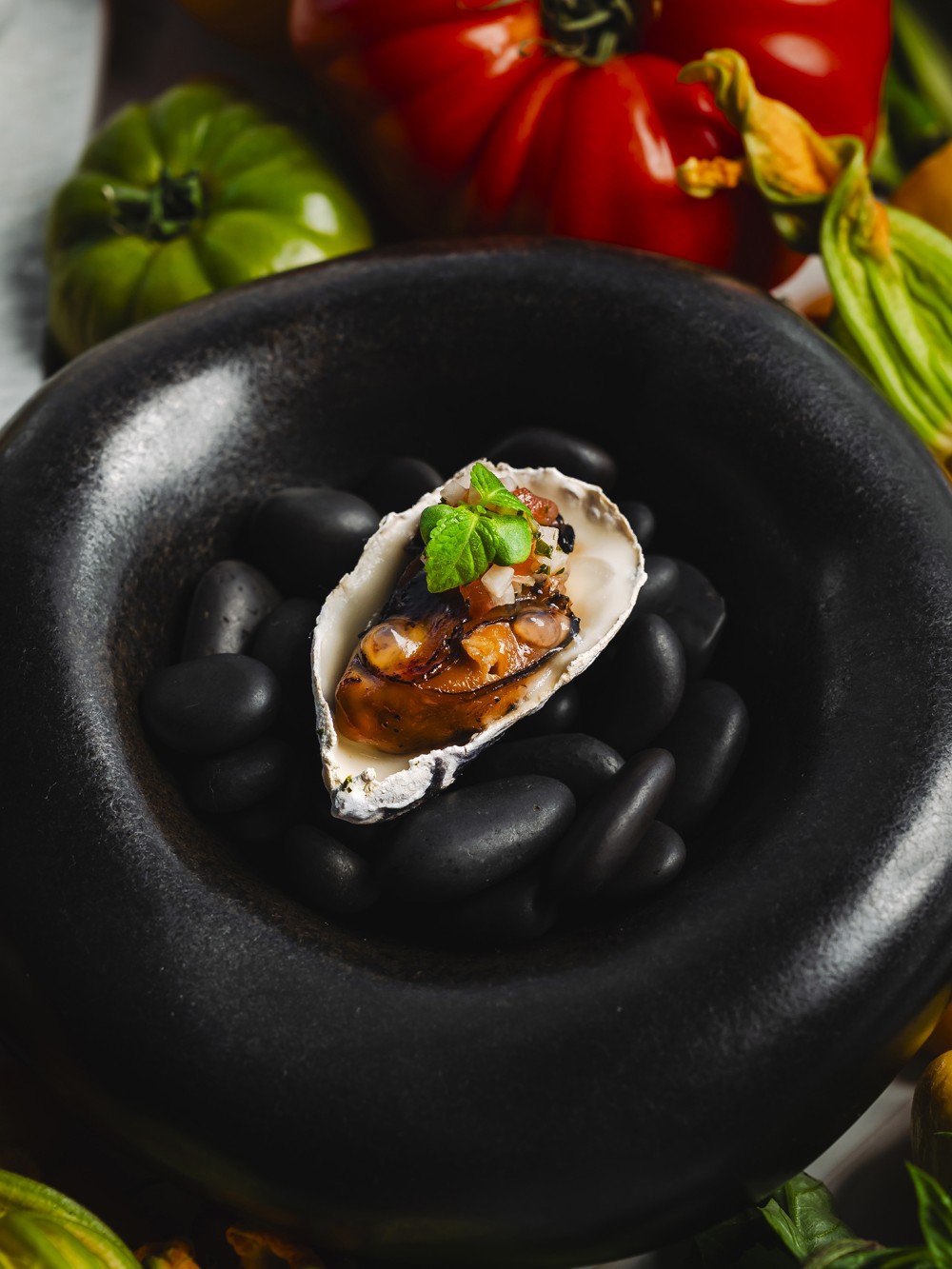 island oyster, miso, sea lettuce tart, fermented tomato, basil