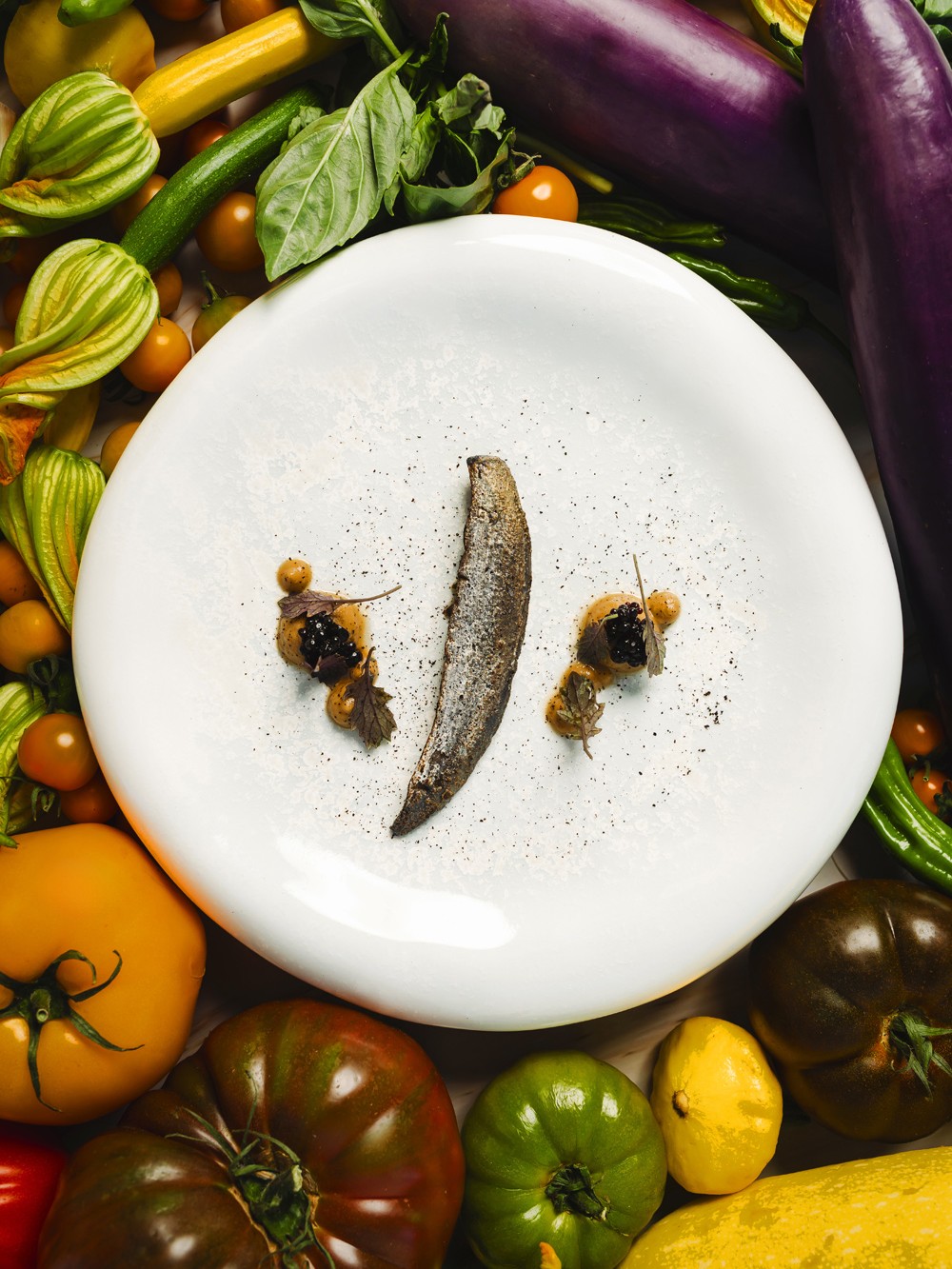 eggplant “sardine”, caramelized puree, pickled sea beans