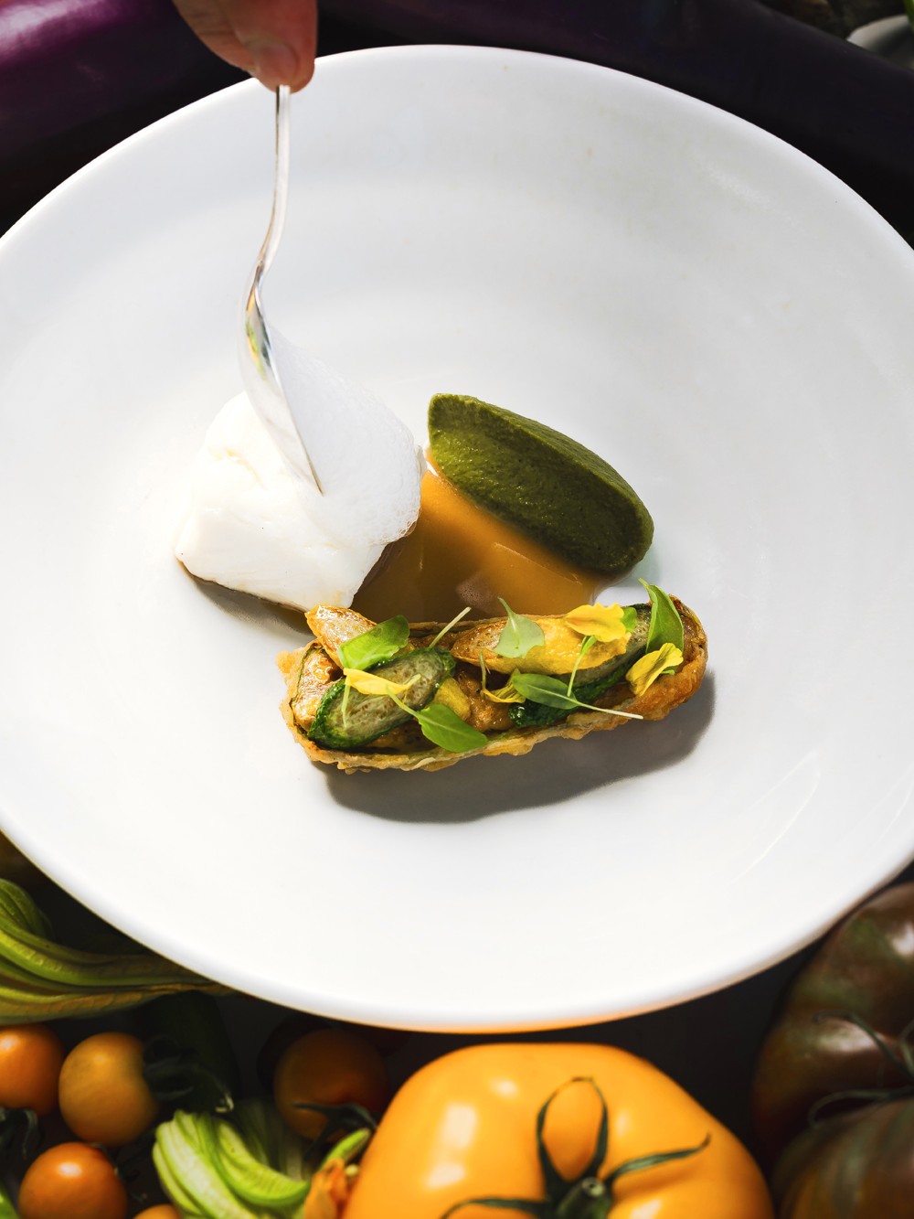 olive oil-confit haida gwaii halibut, pistachio, humpback shrimp stuffed flower