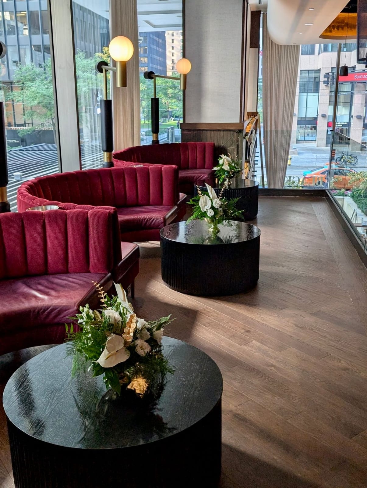 The lounge at Black+Blue Toronto, with velvet booths