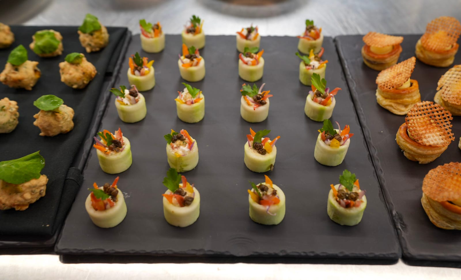 Canapés on slate at a Riley’s Toronto event